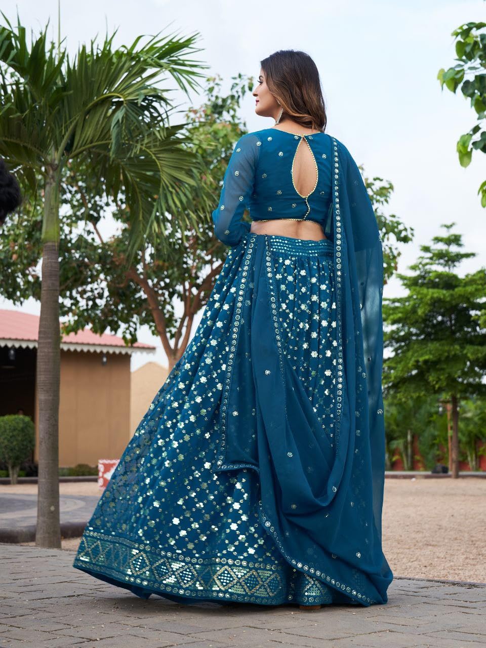 MUNIR Fashion Women's Beautiful Design 3mm Glitter & 7mm Twin Sequence Work Lehenga.(Blue)
