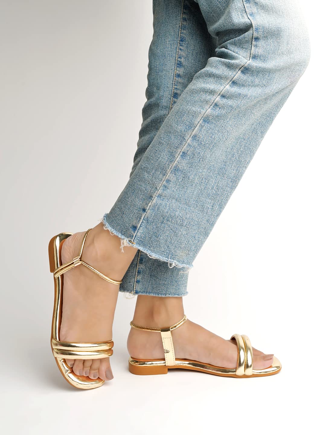 GLEMATOZ Embellished Backstrap Golden Flat Sandals For Women & Girls Casual & Festive Comfortable Casual Stylish Summer & Party Footwear EU41