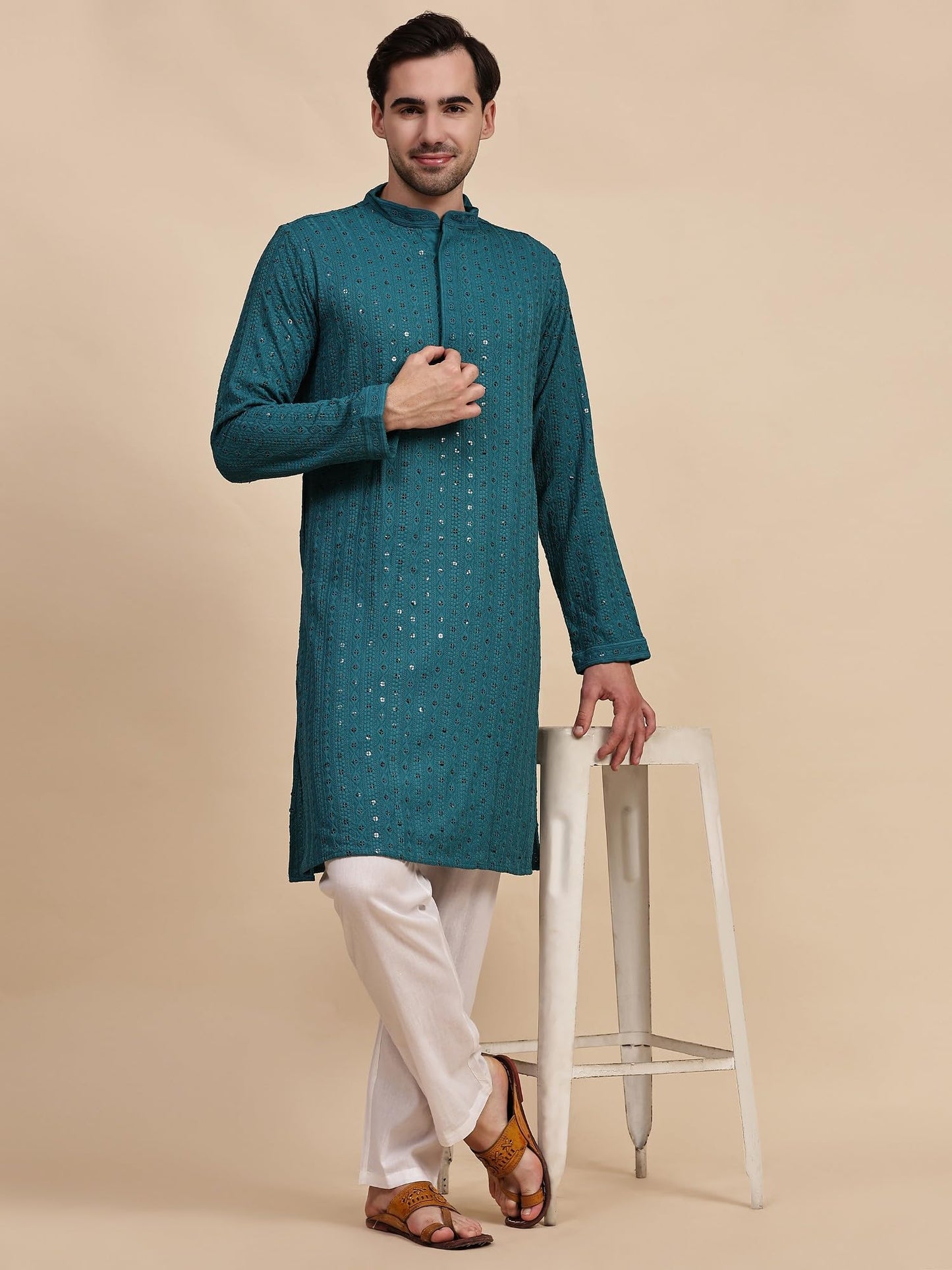 SKAVIJ Men’s Traditional Sequined Kurta Pajama Set Embroidered Party Dress Green_M