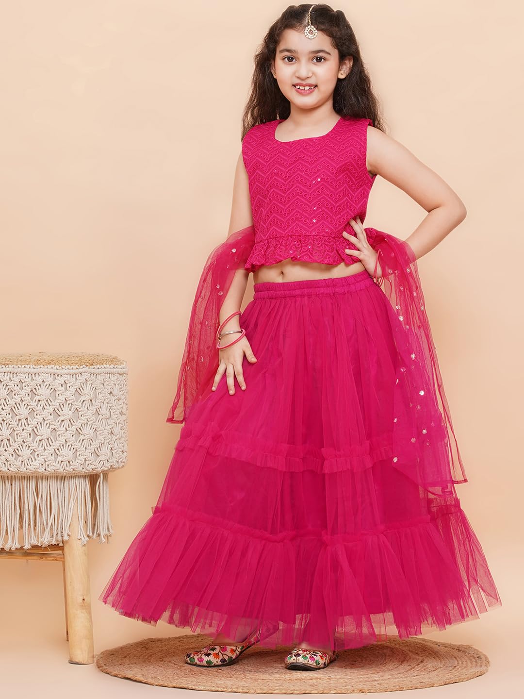 AJ DEZINES Kids Ethnic Wear Chiffli Chikankari Printed Dark Pink Lehenga Ghagra Choli Set For Girls (G-LH08-DARKPINK-30)