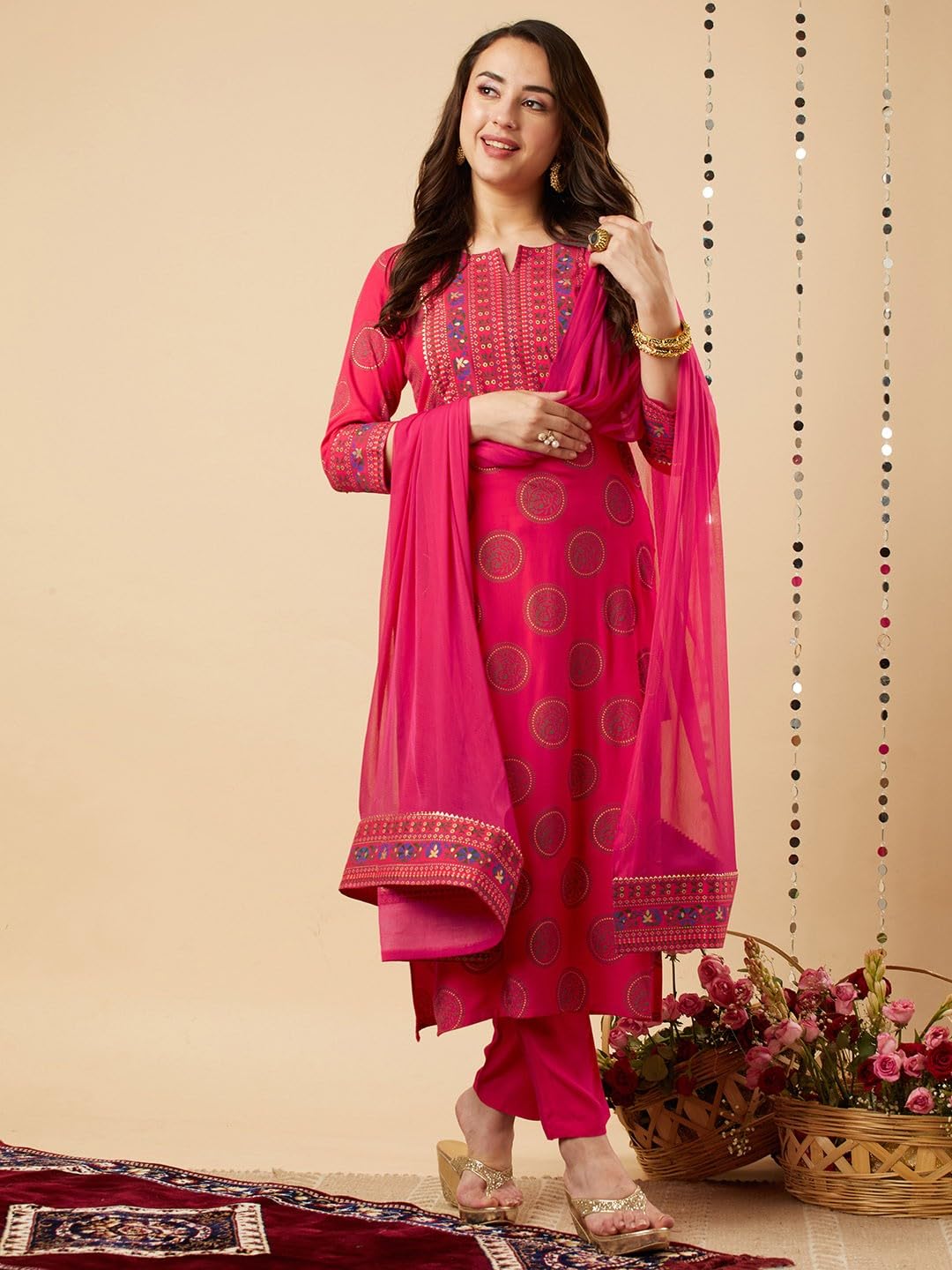 LOVISTA Womens Printed Rayon Straight Kurta Pant and Dupatta Set for Women Ethnic Tunic Kurtis Set
