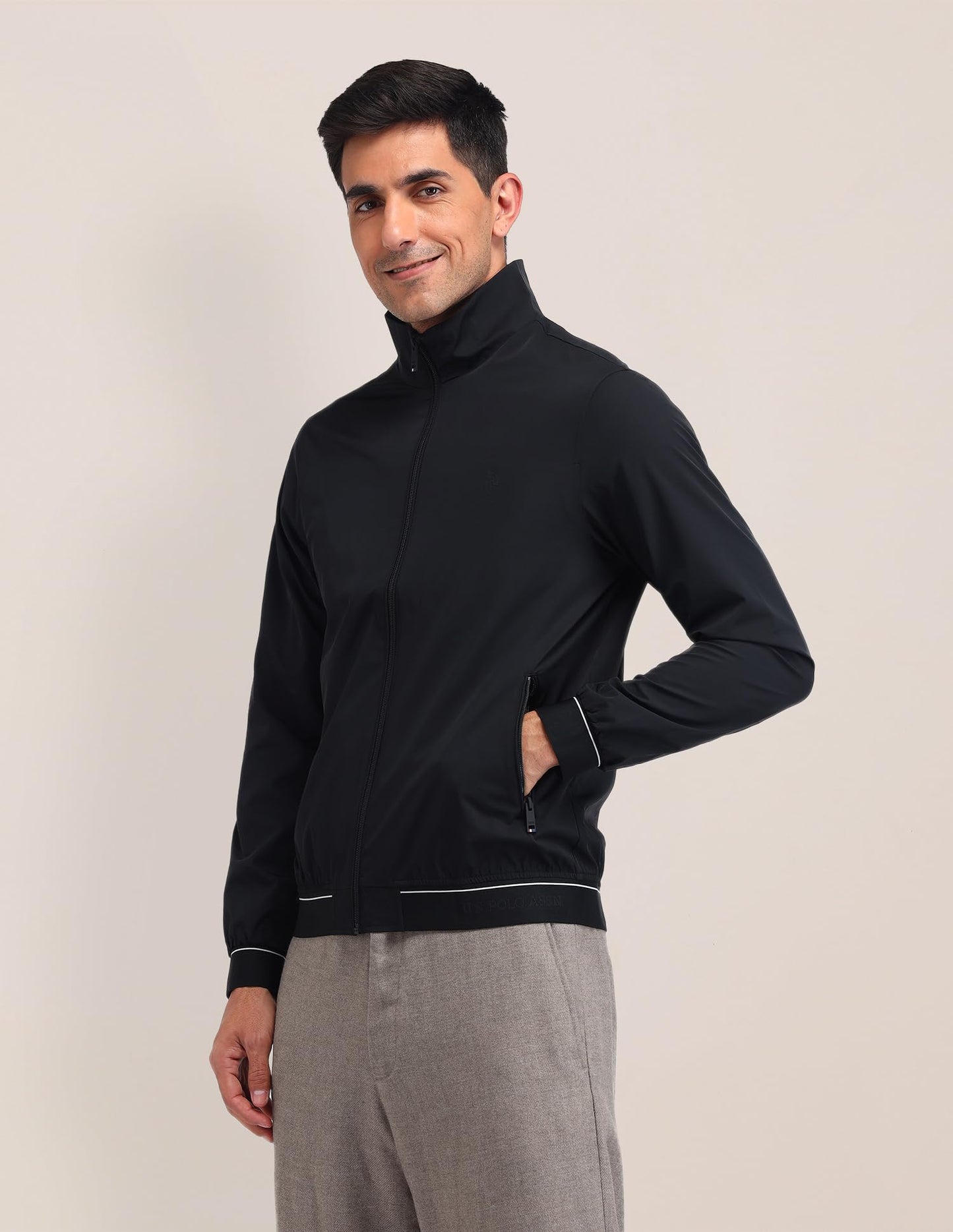 U.S. POLO ASSN. Men's Black Color-Block High neck Long Sleeve Casual Polyester Regular Fit Jacket (USJCK520_Black_3XL)