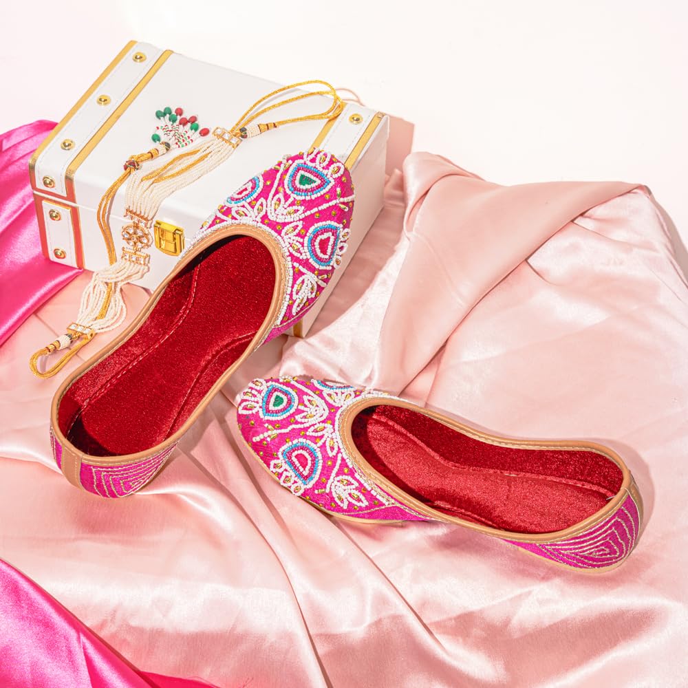 Indifeet Jutti for Women, Punjabi Juti Mojaris, Stylish Mojri Footwear, New Juttis Ethnic Traditional Girls Rajasthani Ladies Shoes Jaipuri Wedding Bridal Mojdi Pink, 6 UK
