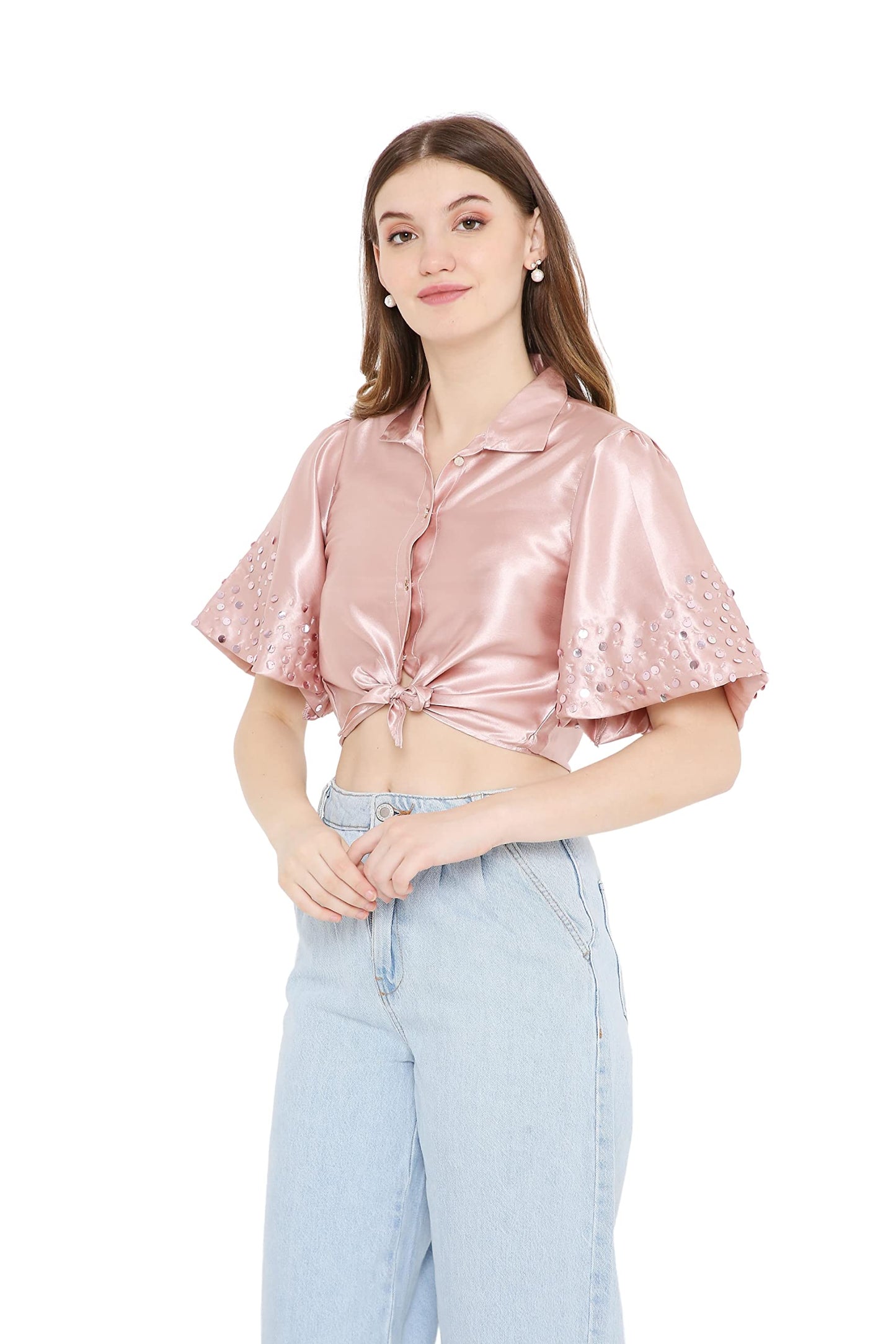 OJ Women's Rose Gold Tie-up Crop Shirt (Small)