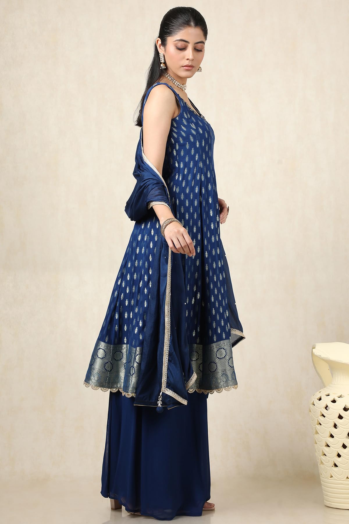 Soch Womens Blue Brocade Woven Design Suit Set With Mirror And Cutdana