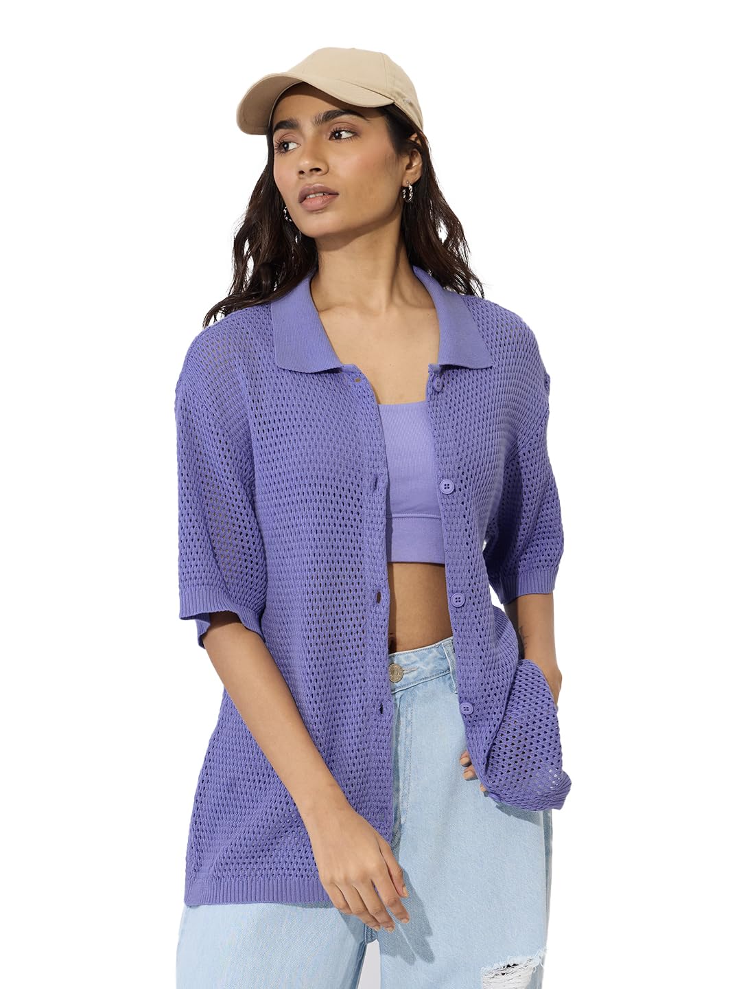 The Souled Store Lavender Women and Girls Long Sleeve Collared Neck Button Down Boyfriend Shirts Womens Boyfriend Shirts Casual Button-Down Full Sleeve Solid Short Sleeve Casual Workwear