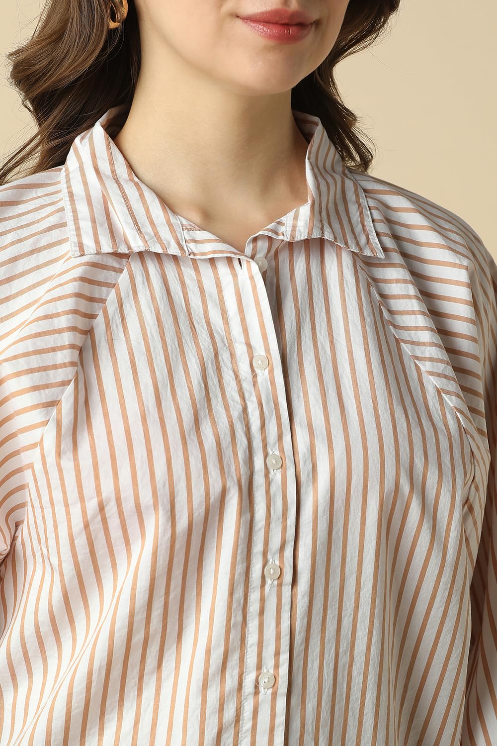 Women Beige Stripe Long Sleeves Shirt