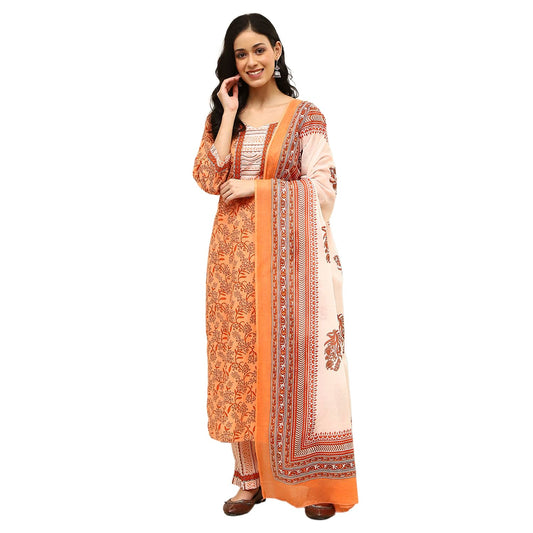 BIBA Women Peach Cotton Screen Print Unstitched Suit Set_FREE SIZE
