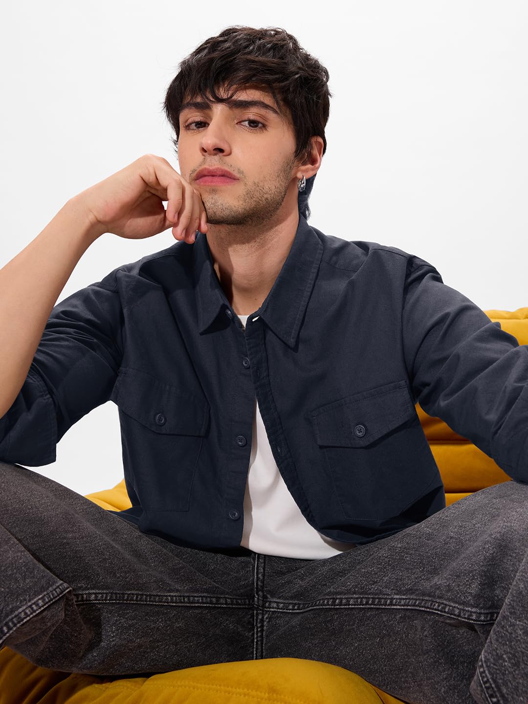 The Souled Store Solids: Classic Indigo Men and Boys Long Sleeves Collared Neck Button Front Cotton Utility Shirts