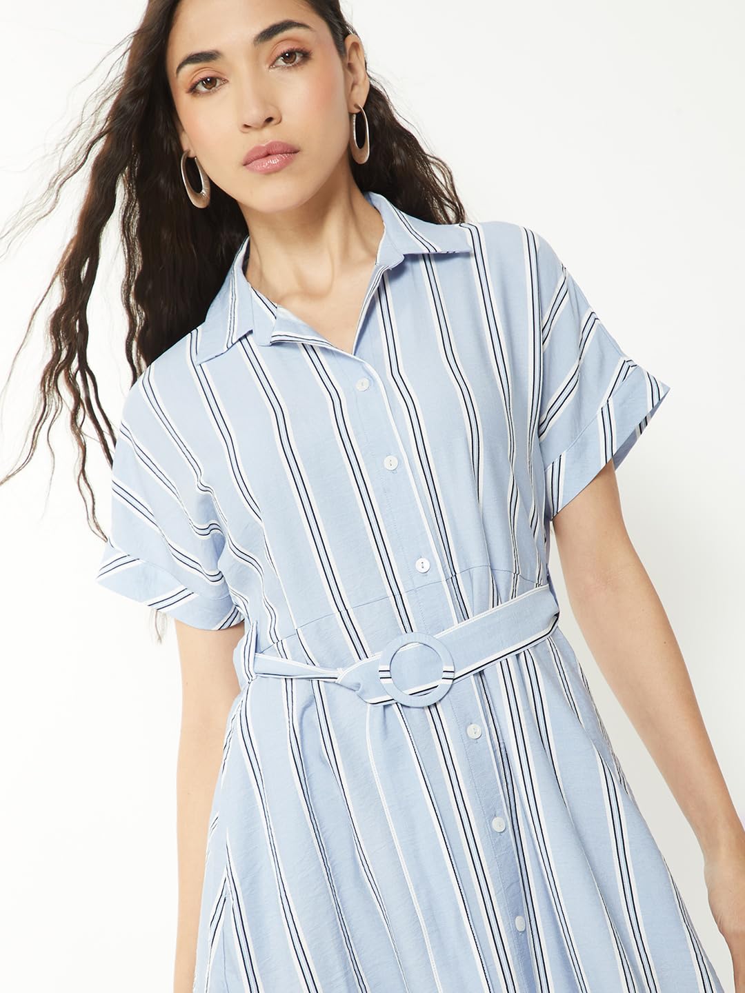 Max Women Striped Shirt Dress (Blue_XL)