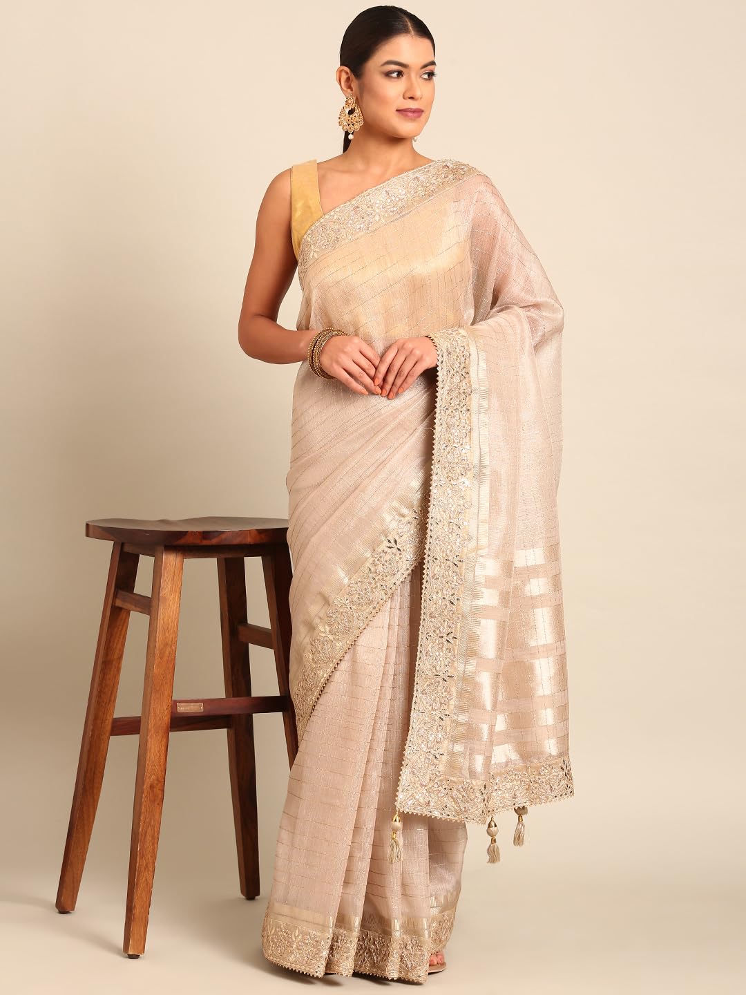 MOHEY Fawn Organza Embroidery|Zari Weave Saree for Women