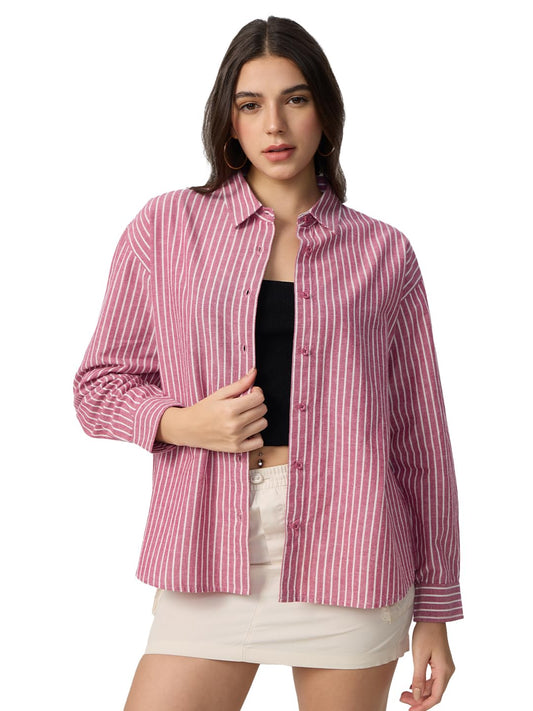 The Souled Store Cotton Linen Stripes: Roselle Women and Girls Long Sleeves Collared Neck Button Front Pink Cotton Linen Boyfriend Shirts
