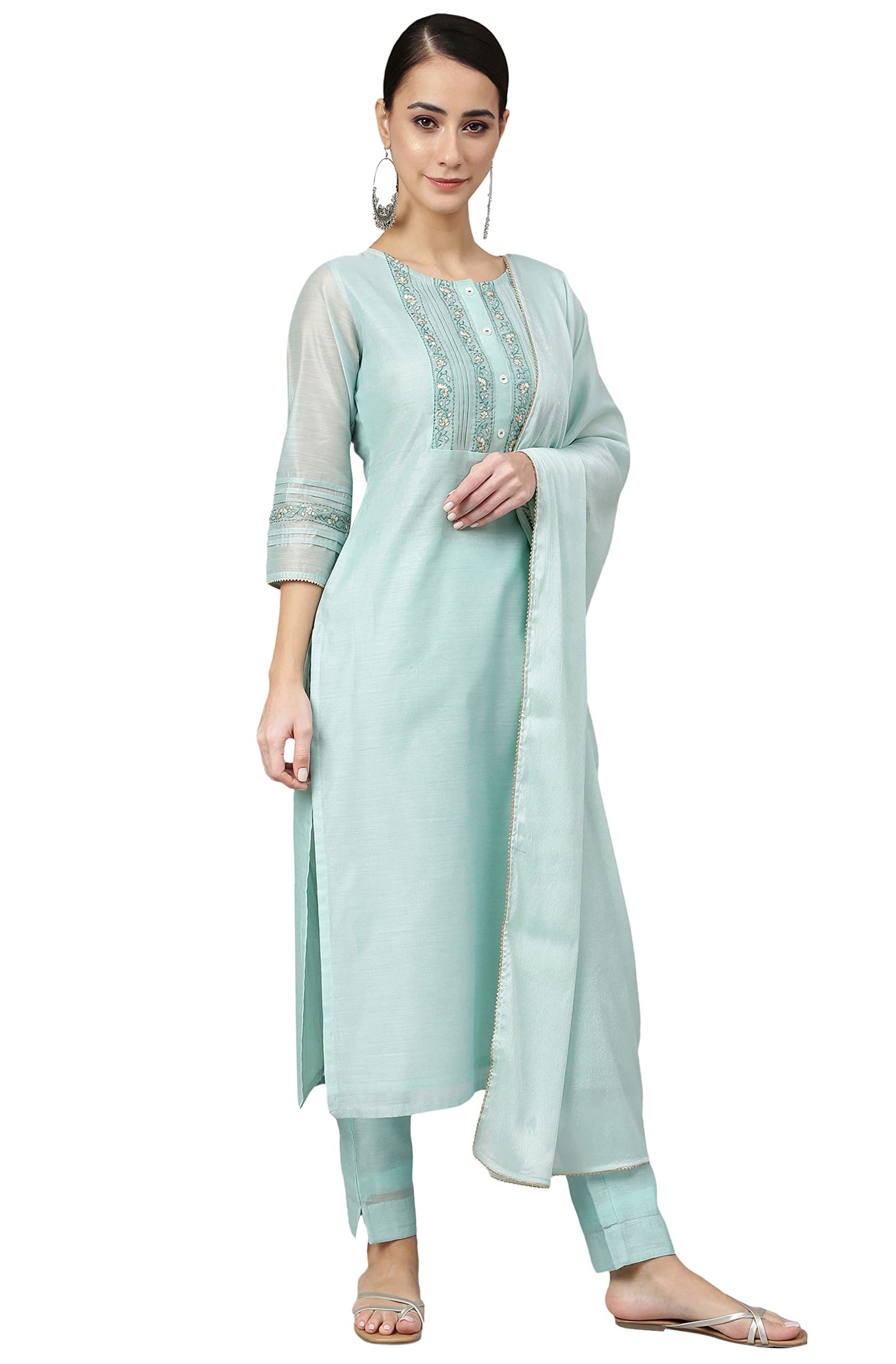 Janasya Women's Sea Blue Chanderi Silk Solid Kurta with Pant and Dupatta (SET561-KR-NP-RE-L)