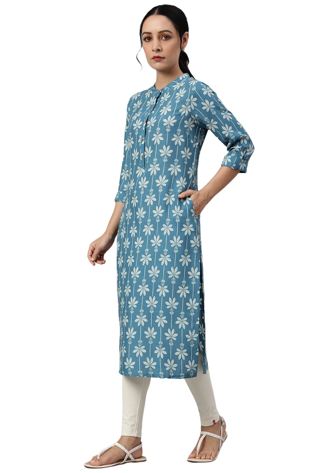 W for Woman Blue Rayon Button Down Kurta