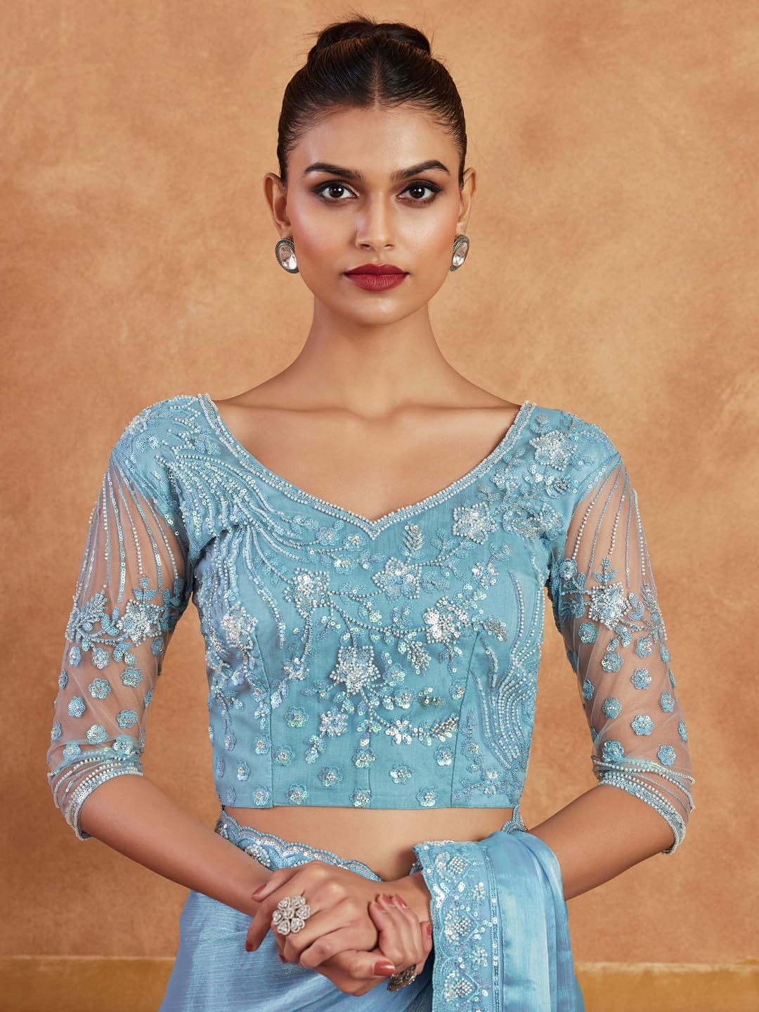 AKHILAM Women's Light Blue Chiffon Sequins Embellished Saree with Unstitched Blouse Piece (SRVATN7902_TFH)