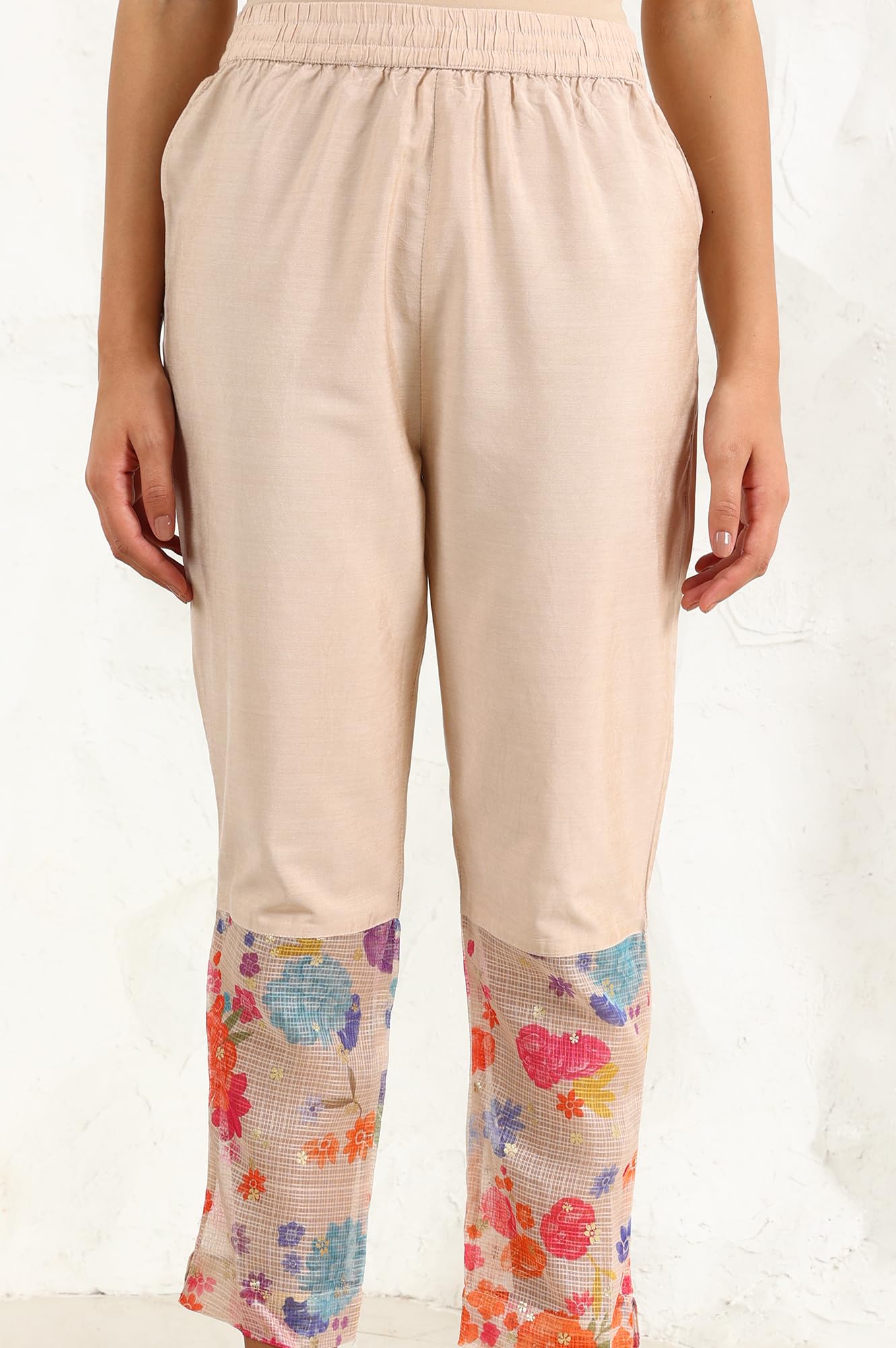 W for Woman Cream Floral Printed Sequined Kota Flared Kurta, Pants and Dupatta Set