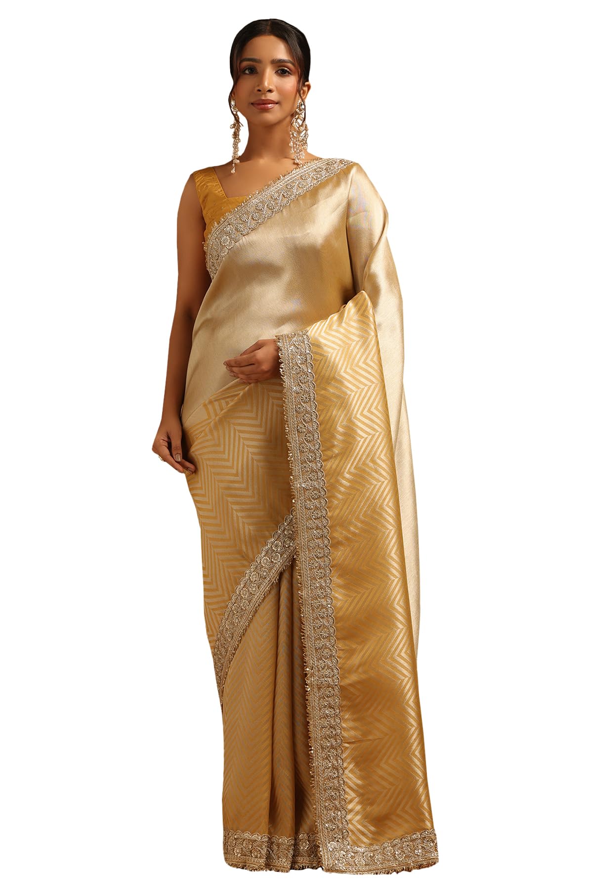 Soch Womens Gold Tissue Chevrons Zari Woven Saree With Sequins