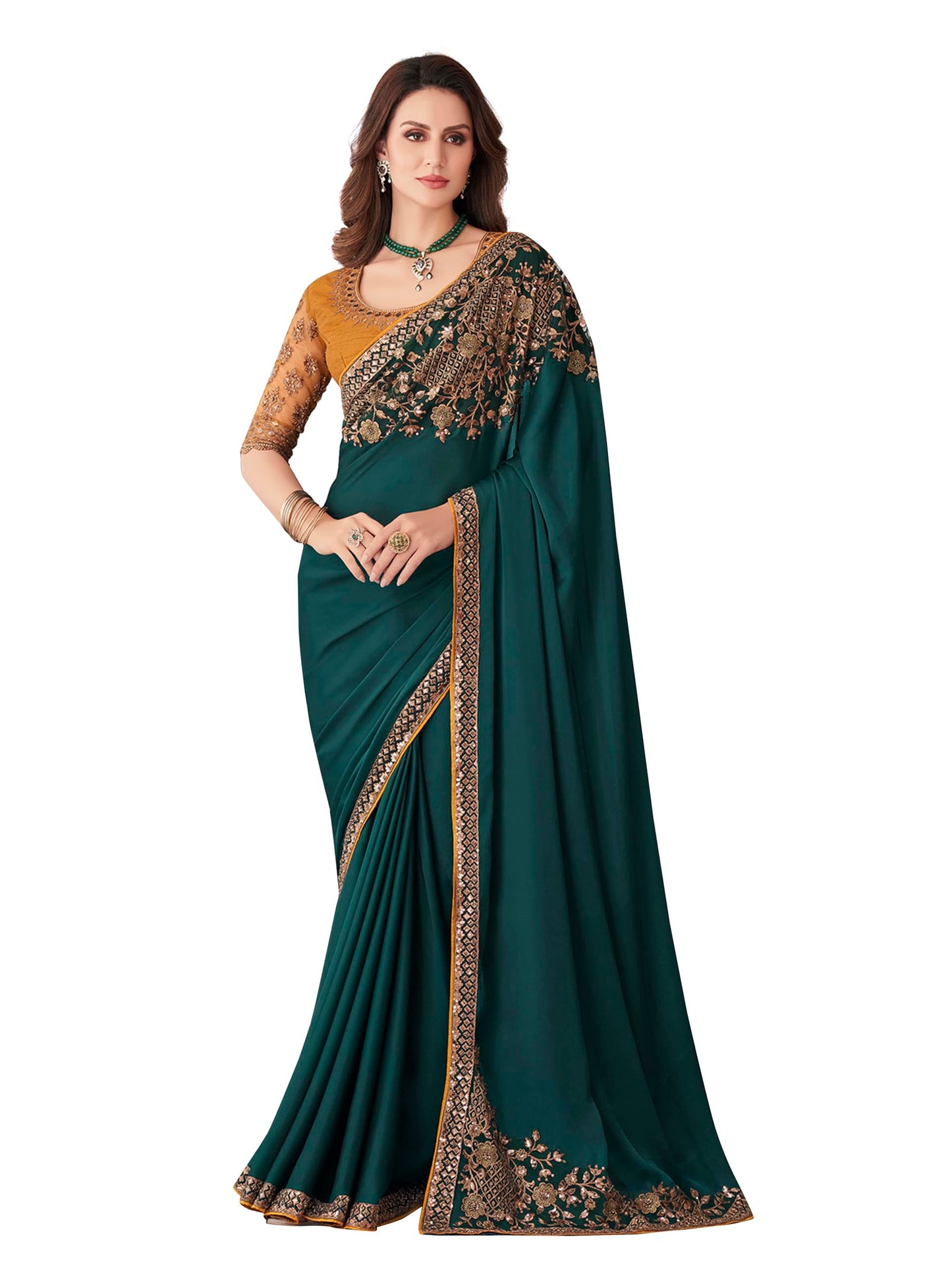 TRENDMALLS Women's Satin Golden Sequin Embroidery work Saree with Unstitched Blouse Piece (K1163-Green-)