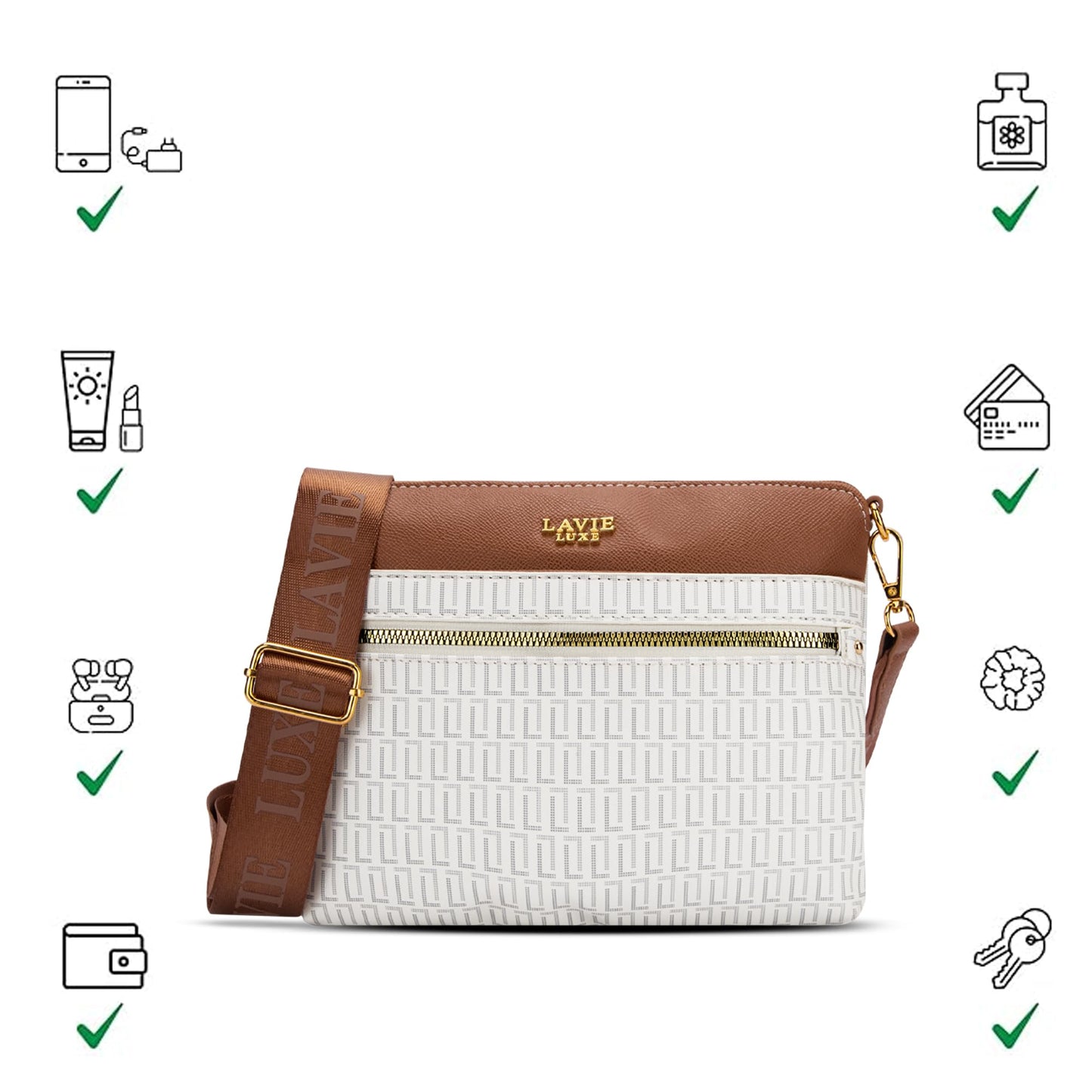 Lavie Luxe Women's Mono Quick Top Zip Crossbody Box Sling Bag | Ladies Purse Handbag | Gift for Women
