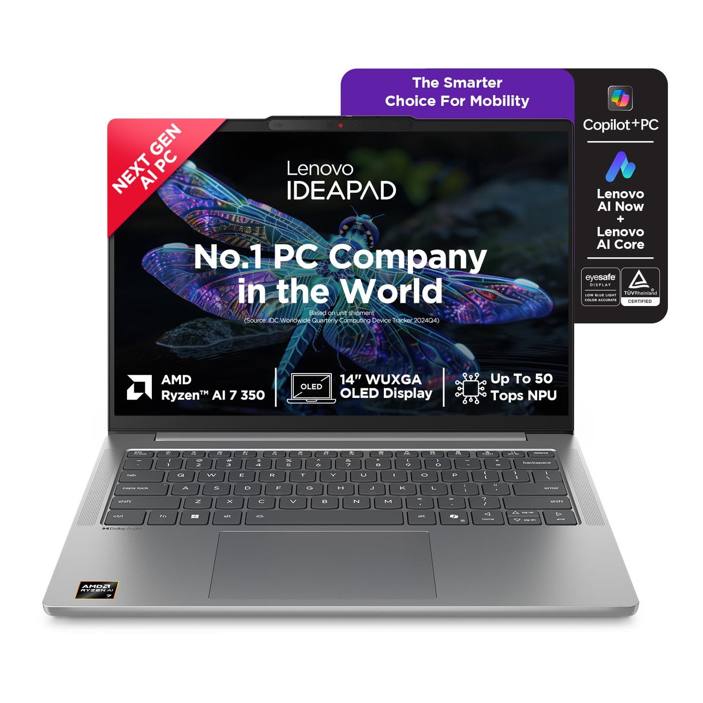 Lenovo IdeaPad Slim 5 AMD Ryzen AI 7 350 (24GB RAM/1TB SSD/14 (35.5cm)/WUXGA OLED/Lenovo AI Now/Copilot+ PC/Windows 11/MSO 365 Basic+Office 2024/1Yr ADP Free/Grey/1.4Kg), 83HX00A5IN AI Laptop