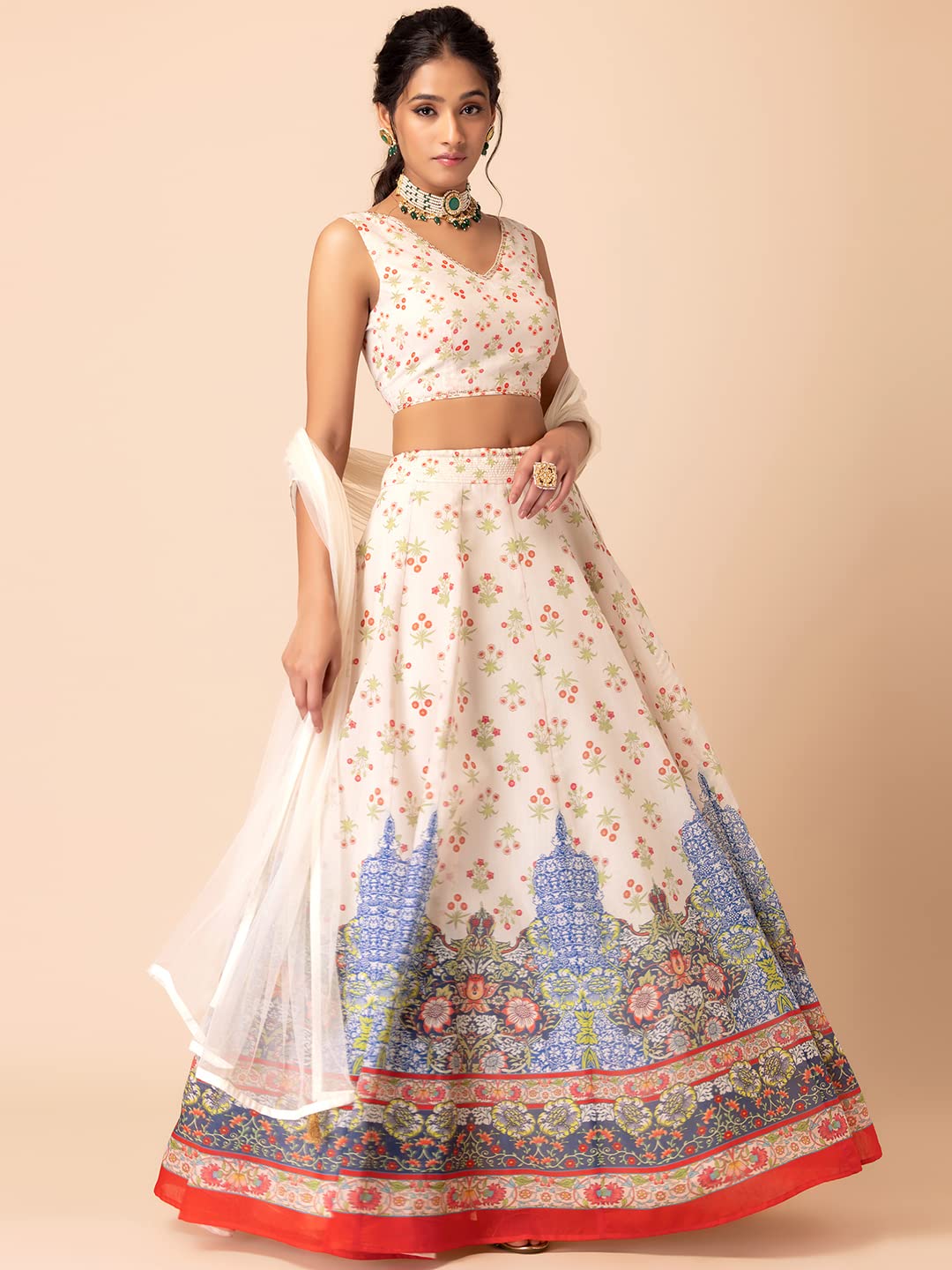 Indya X Samant Chauhan White Floral Print Lehenga With Blouse And Dupatta (Set of 3)