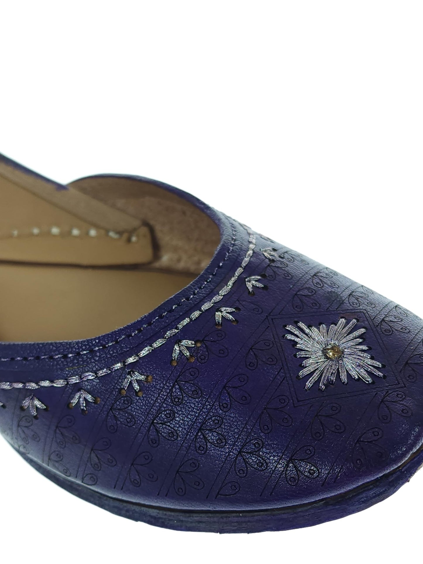 Fulkari Women's 3D Daimond Blue Gold Zarriwork Genuine Soft Leather Jutis | Bite and Pinch Free Juttis | Punjabi Jutti | Girl's Office Flat Ladies Mojari | dailywear Ethnic Juti | 36