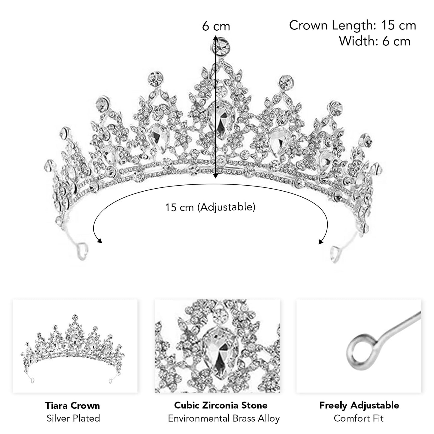 Peora Silver Plated Cubic Zirconia Studded Princess Tiara Crown Hair Accessory Gift for Girls & Women.