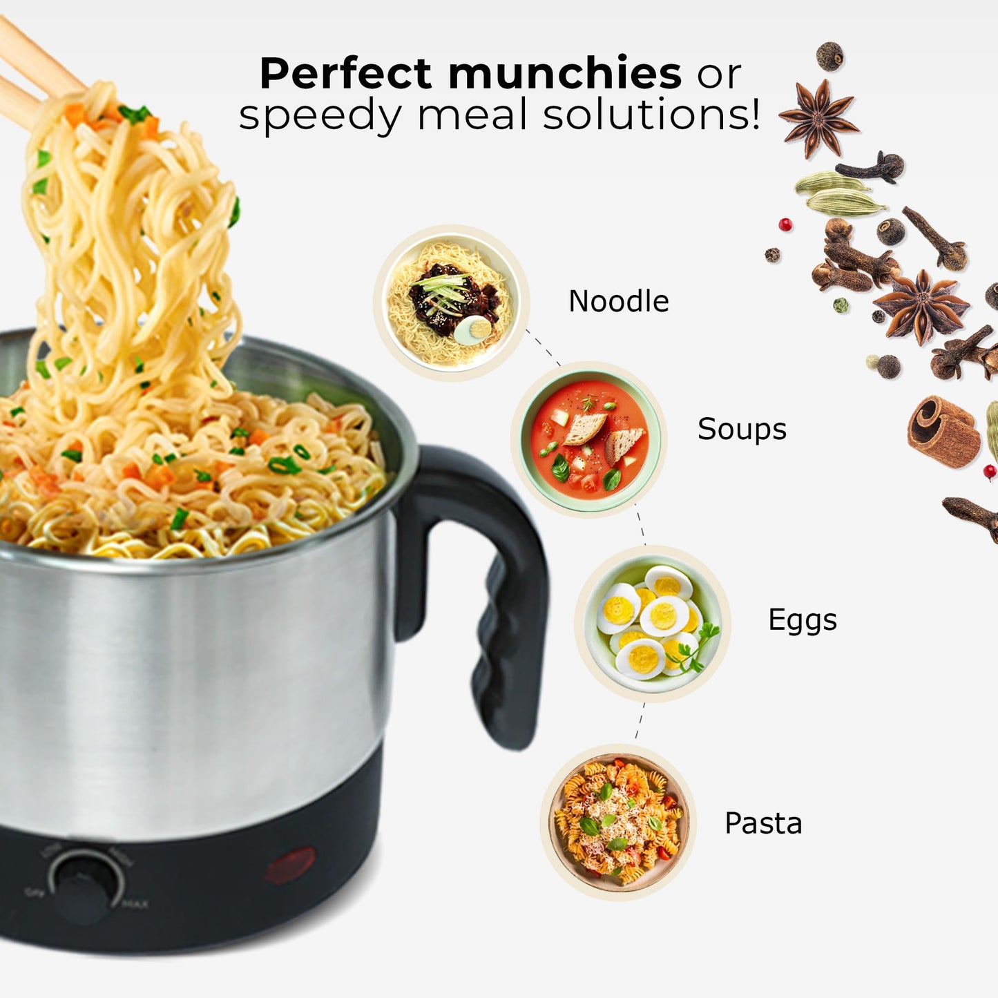 SOLARA Electric Kettle Multipurpose 1.5 Litre, 600 Watts, Stainless Steel Body with Glass Lid, 3 Boiling Modes, for Hot Water, Milk, Tea, Coffee, Cooking Oats, Noodles, Soup, Egg Boiler Machine-Black