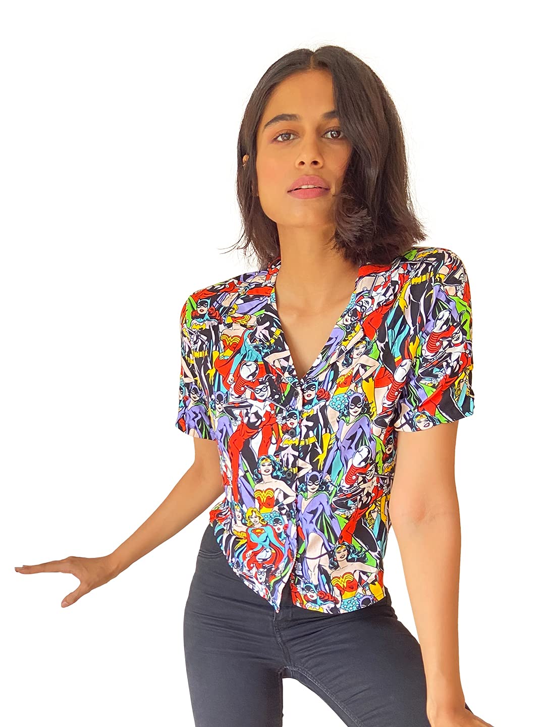The Souled Store DC: Girl Gang Womens and Girls Graphic Printed Cotton Women Hawaiian Shirts Multi-Colored Women Summer Shirts Fashionable Trendy Graphic Prints Pop Culture Merchandise
