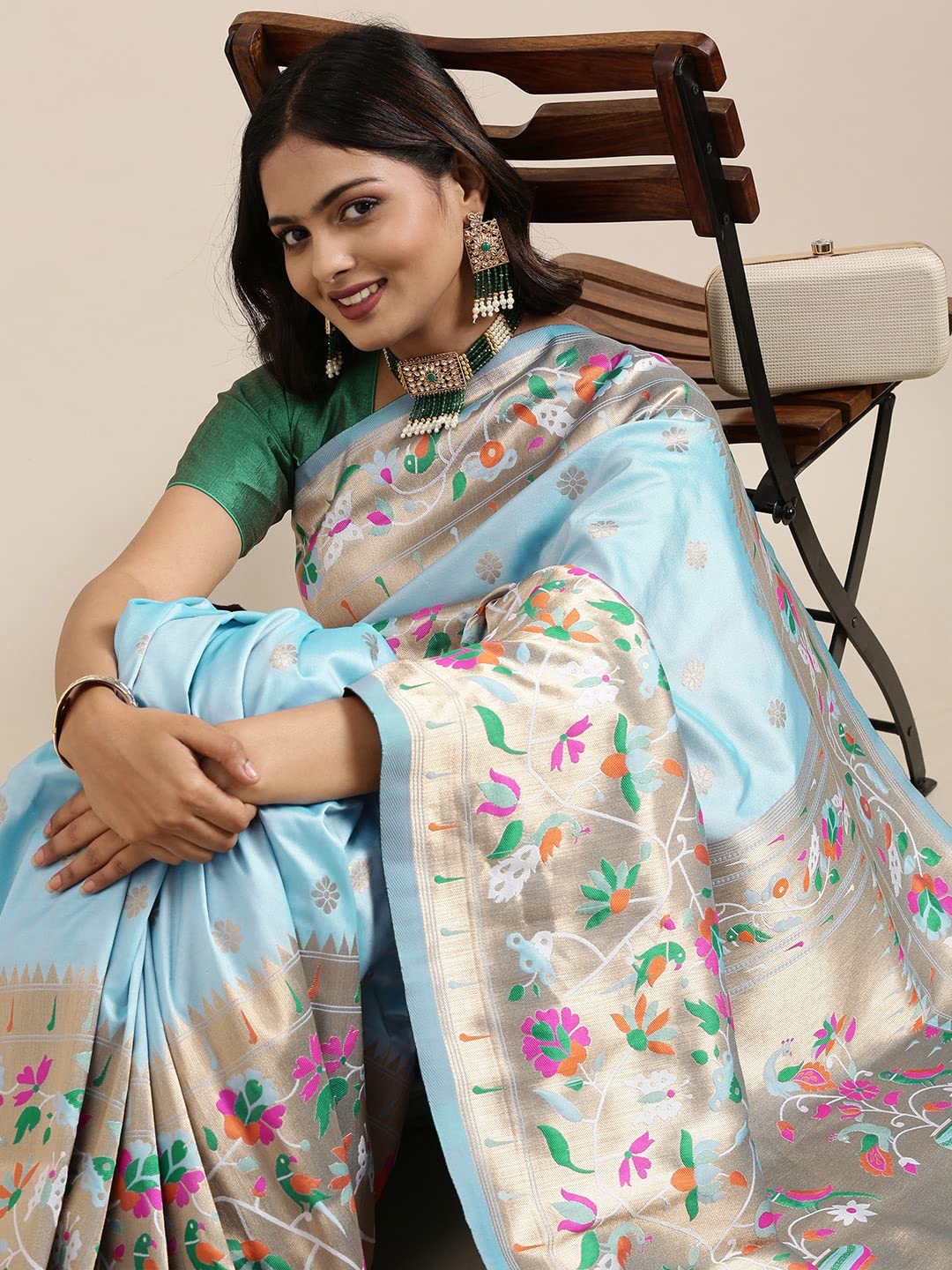 Pandadi Saree Women's Paithani Silk Saree With Blouse Piece (371PS13_Aqua Blue)