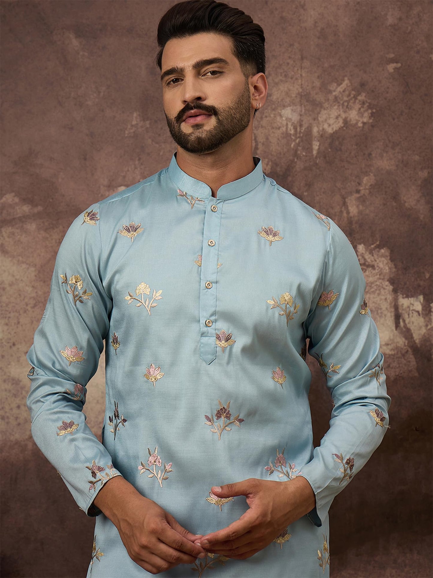 Ethnic Bay Men's Silk Blend Embroidered Solid Calf Length Kurtas | Men | Kurtas for Mens | Straight Fit Kurta for Men's Blue