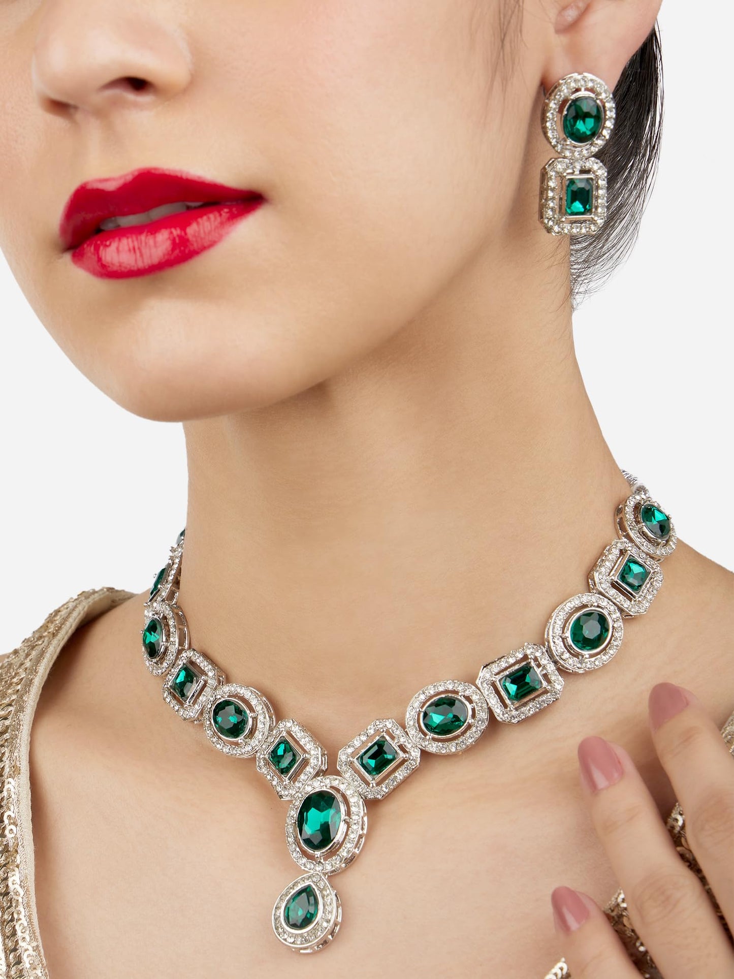 ZAVERI PEARLS Green Stones & Dazzling Austrian Diamonds Embellished Necklace & Earring Set For Women-ZPFK17196