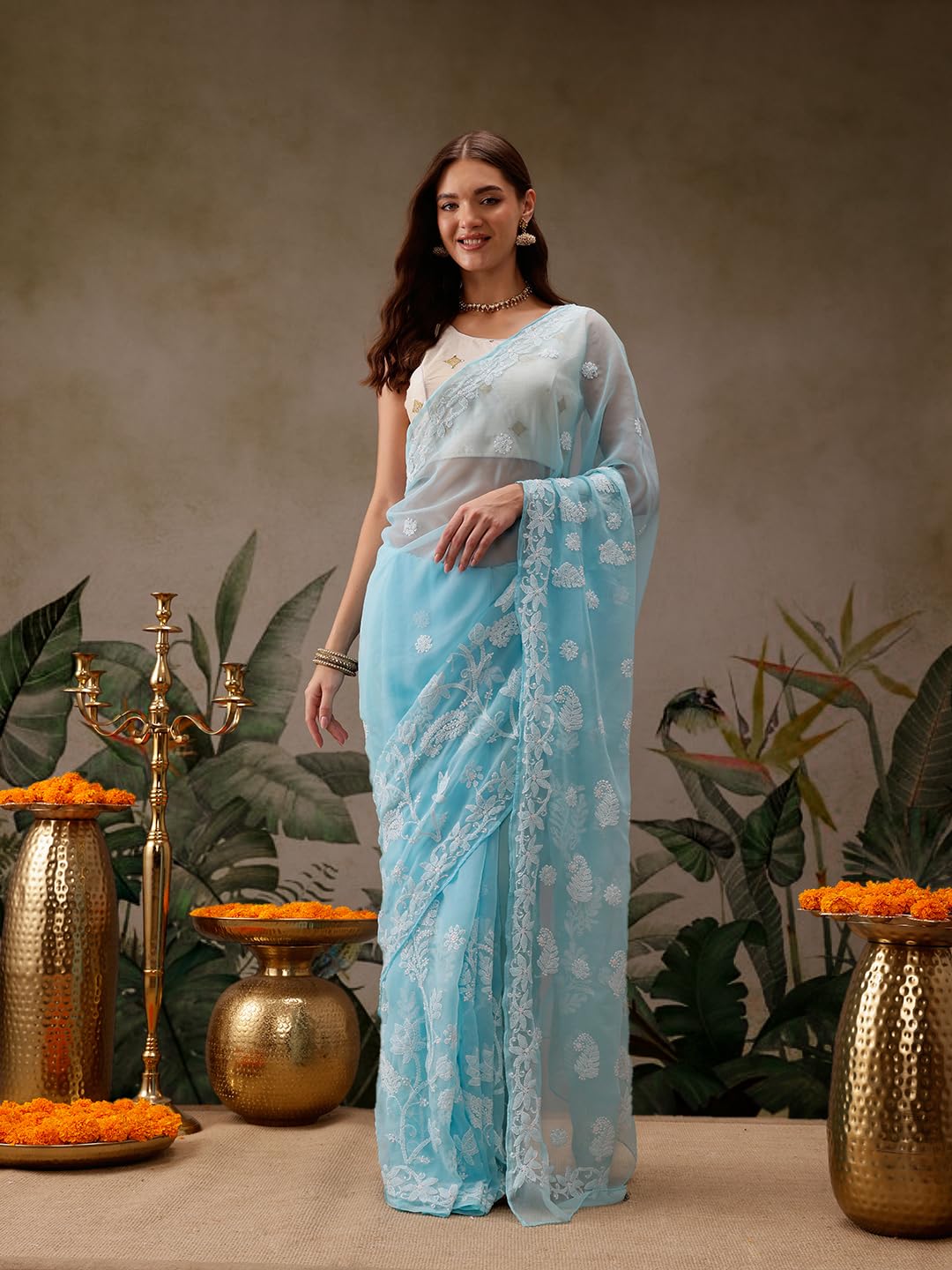 Ada Women's Hand Embroidered Faux Georgette Saree with Blouse Piece A130075 Blue