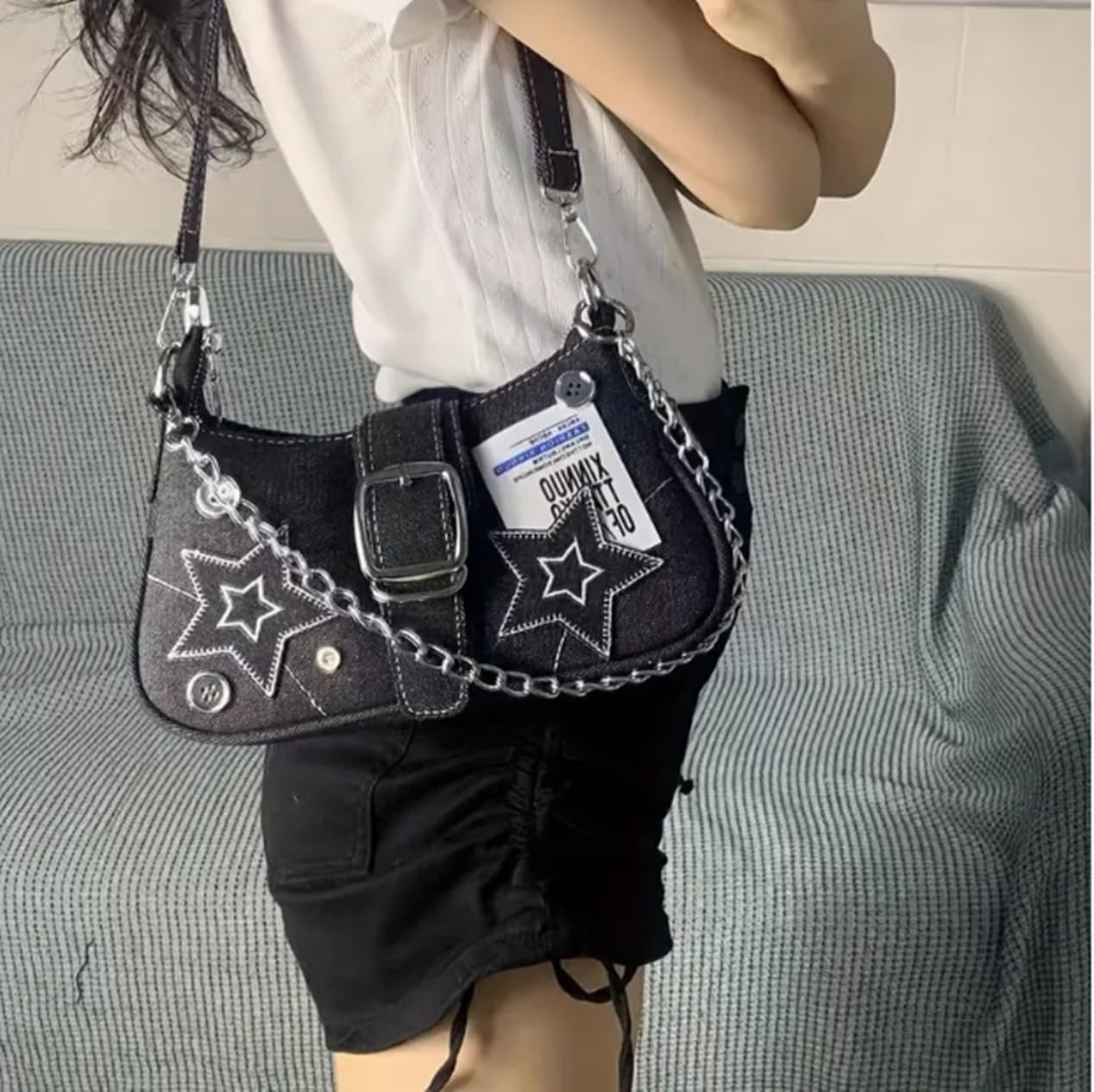 Denim Shoulder Bag for Women, Canvas Aesthetic Crossbody Bag, Lightweight Hobo Handbags, Retro Messenger Bag for Teen Girls, Casual Style Jeans Purse for everyday Use with Zipper Pockets (Black Chic)