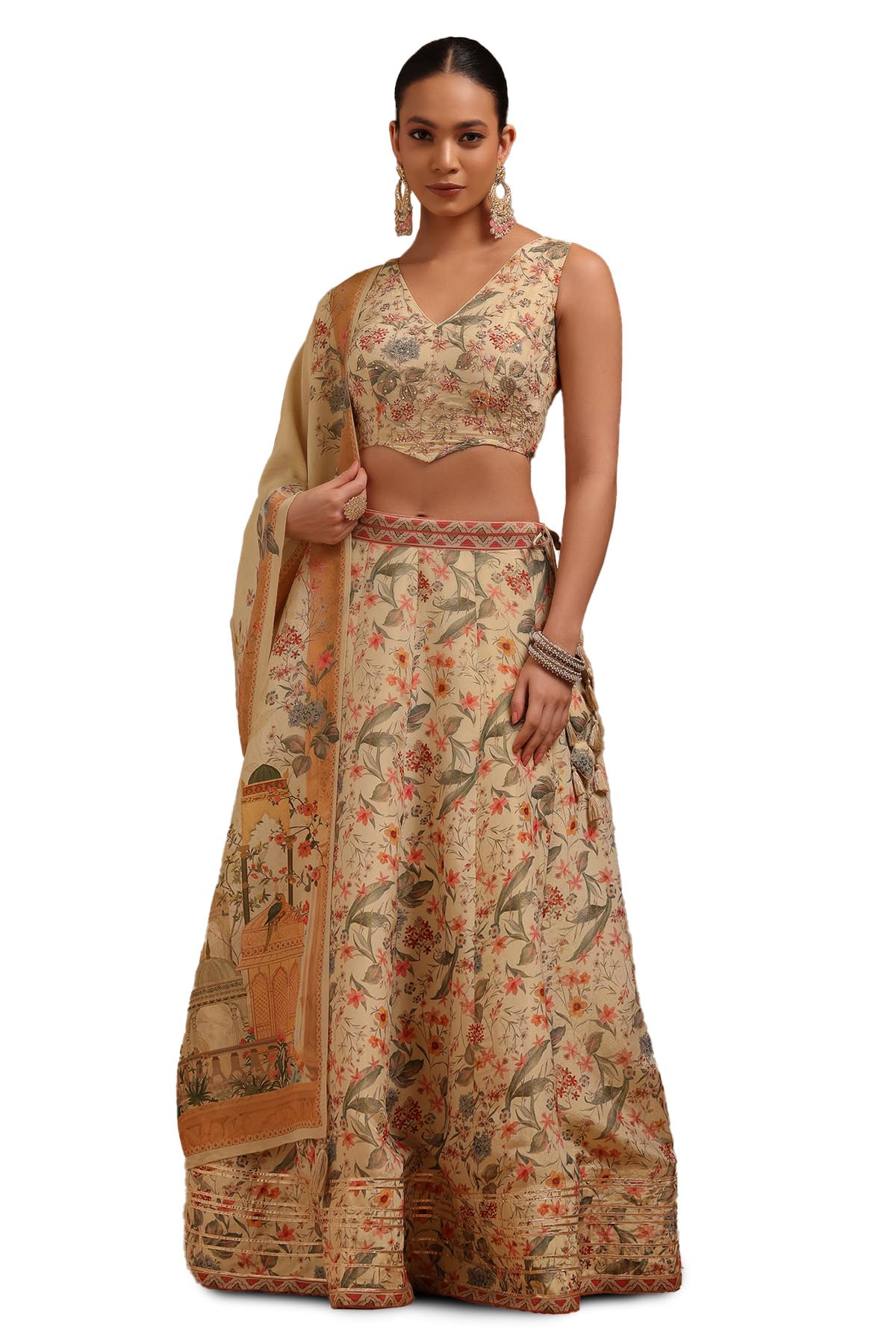Soch Womens Beige Tissue Botanical Print Ghagra Choli With Thread Work