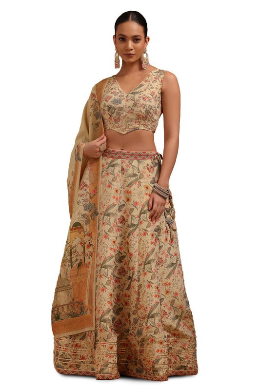Soch Womens Beige Tissue Botanical Print Ghagra Choli With Thread Work