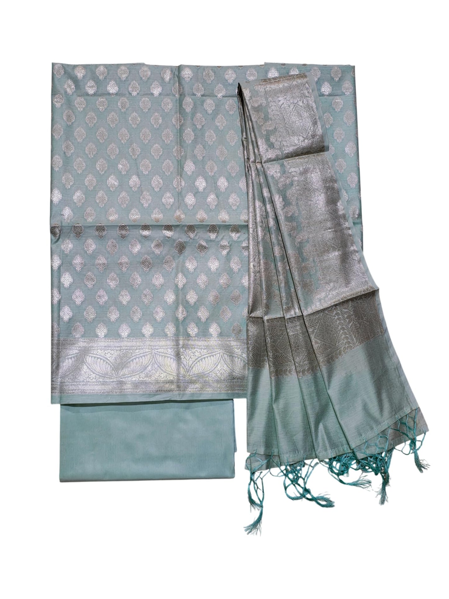 Ivikta Banarasi Silk Unstitched Salwar Suit Set with Dupatta for Women | Rajasthani Silk Dress Material (Firoza)