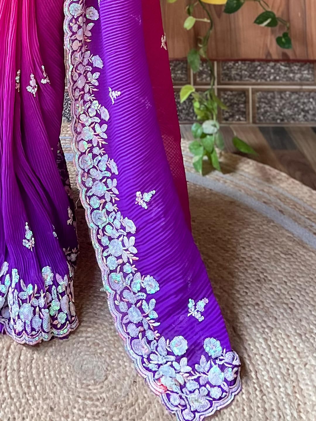 AKHILAM Women's Pink Georgette Sequins Embellished Saree with Unstitched Blouse Piece (KESARI2908_KR)