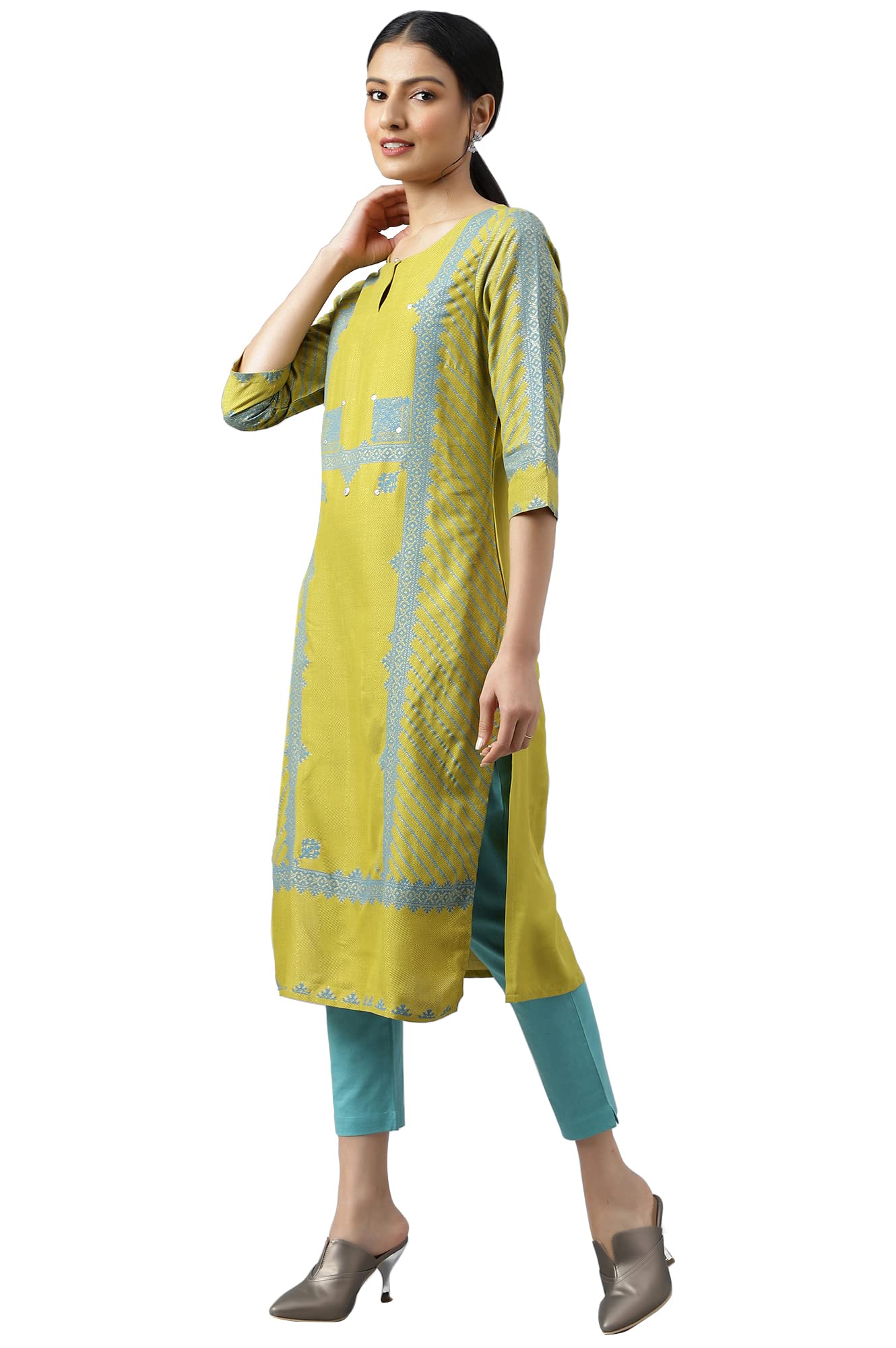 W for Woman Green Placement Print Embellished Kurta