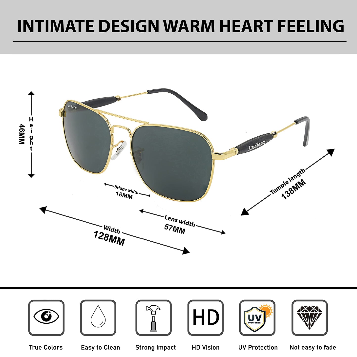 Louis Kouros Tigor Square Classic 1208-2168 sunglasses | Gold Frame | Black Lens | Mirror Lens | 400 UV Protected | For Men & Women| Medium