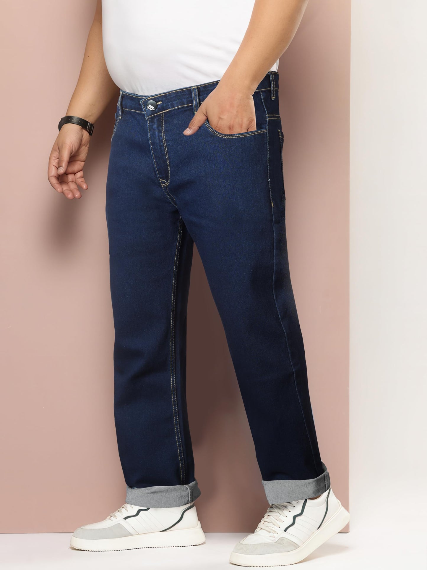 RIG BONE Plus Size Men's Stretchable Heavy Fade Jeans Relaxed Fit High Rise Solid Denim Pants Sizes 36 to 48 (in, Numeric, 48, Plus, Dark Blue)