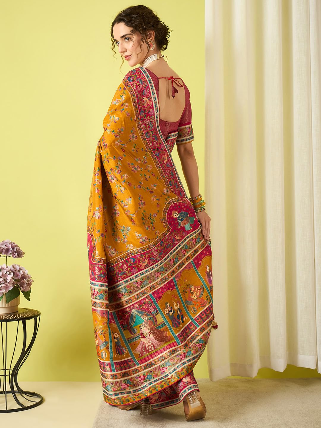 AKHILAM Women's Mustard Viscose Silk Ethnic Motif Printed Saree With Unstitched Blouse Piece (MSTANI158A_HS)