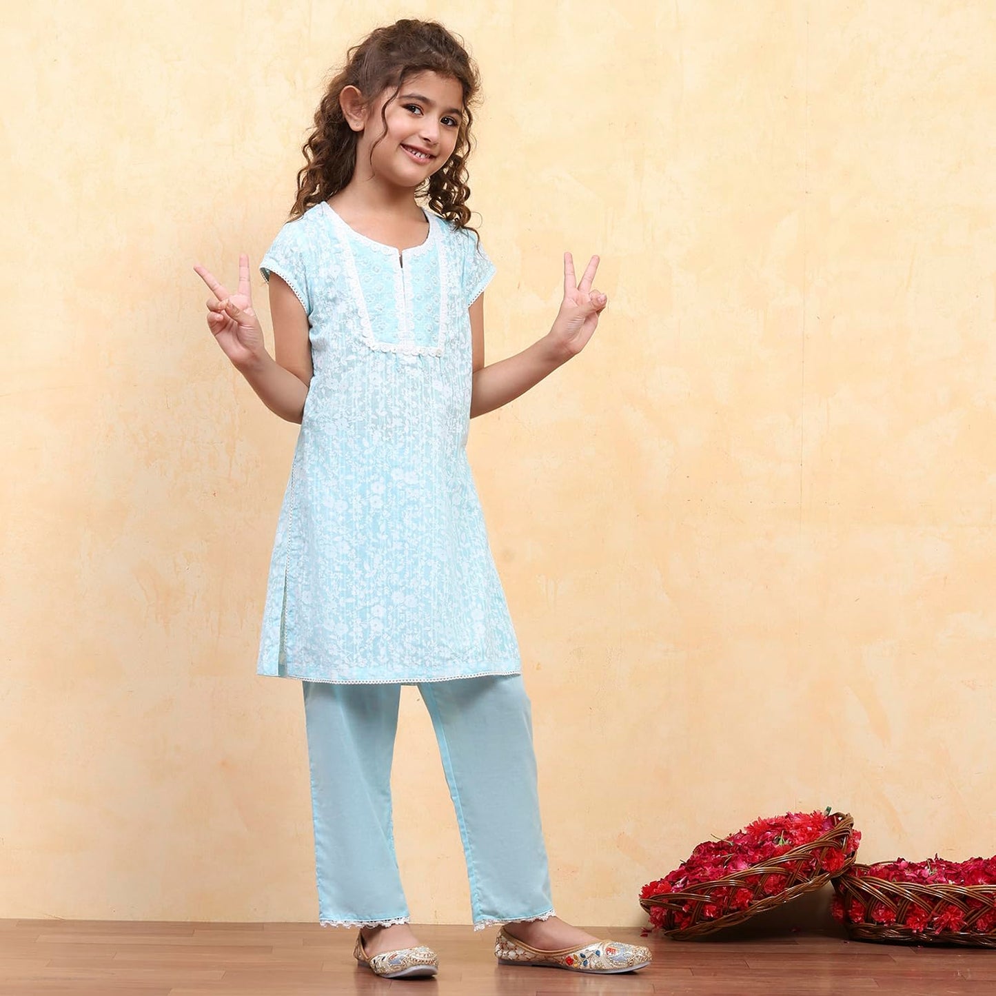 Biba Girl's Powder Blue Cotton Straight Printed Kurta Pants Set