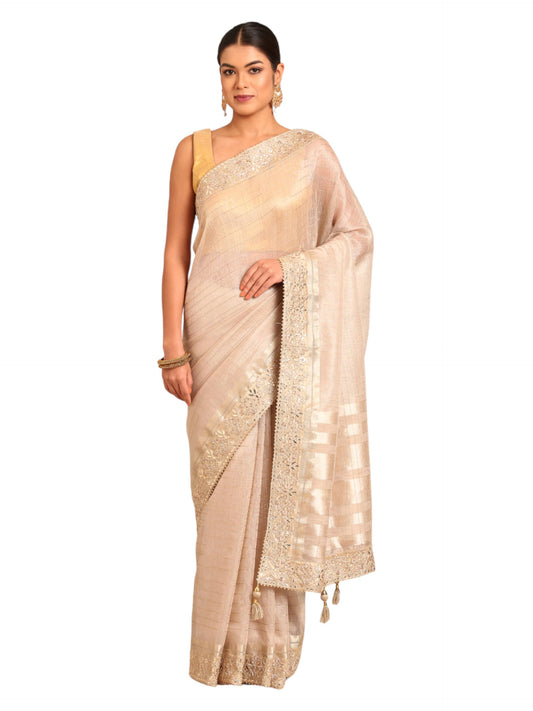 MOHEY Fawn Organza Embroidery|Zari Weave Saree for Women