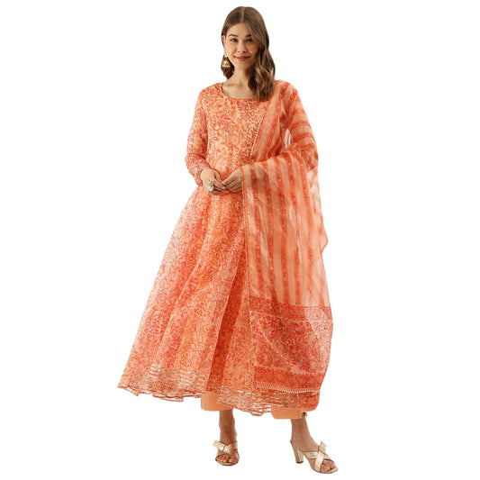 Divena Orange Floral Print Organza Anarkali Kurta set with Dupatta