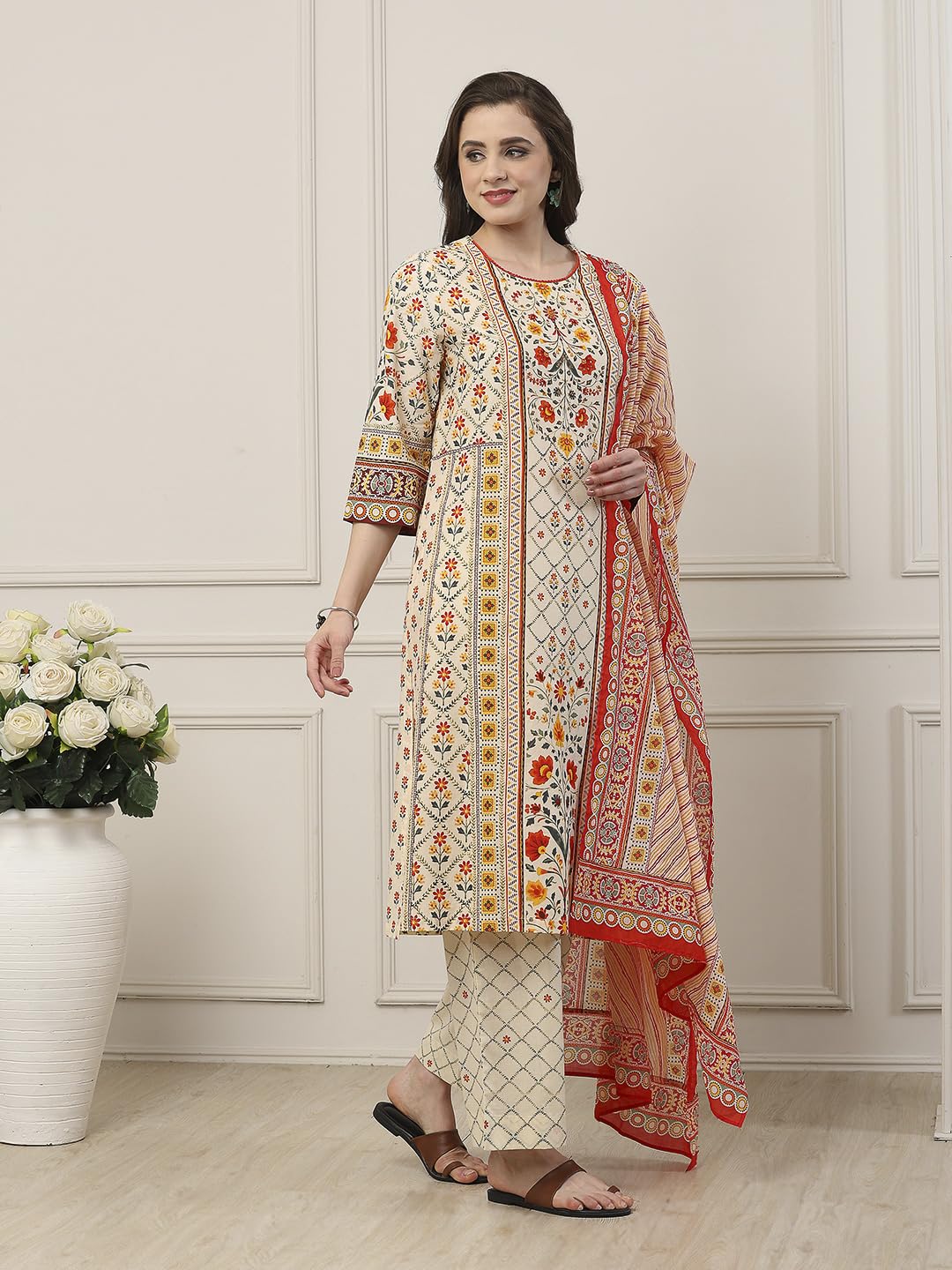 Biba Women Beige Cotton Straight Suit Set_32