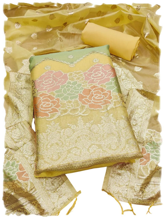 Leeli Peeri Designer Women's Yellow Organza Zari Woven Chevron Design Unstitched Dress Material(807PDM3)