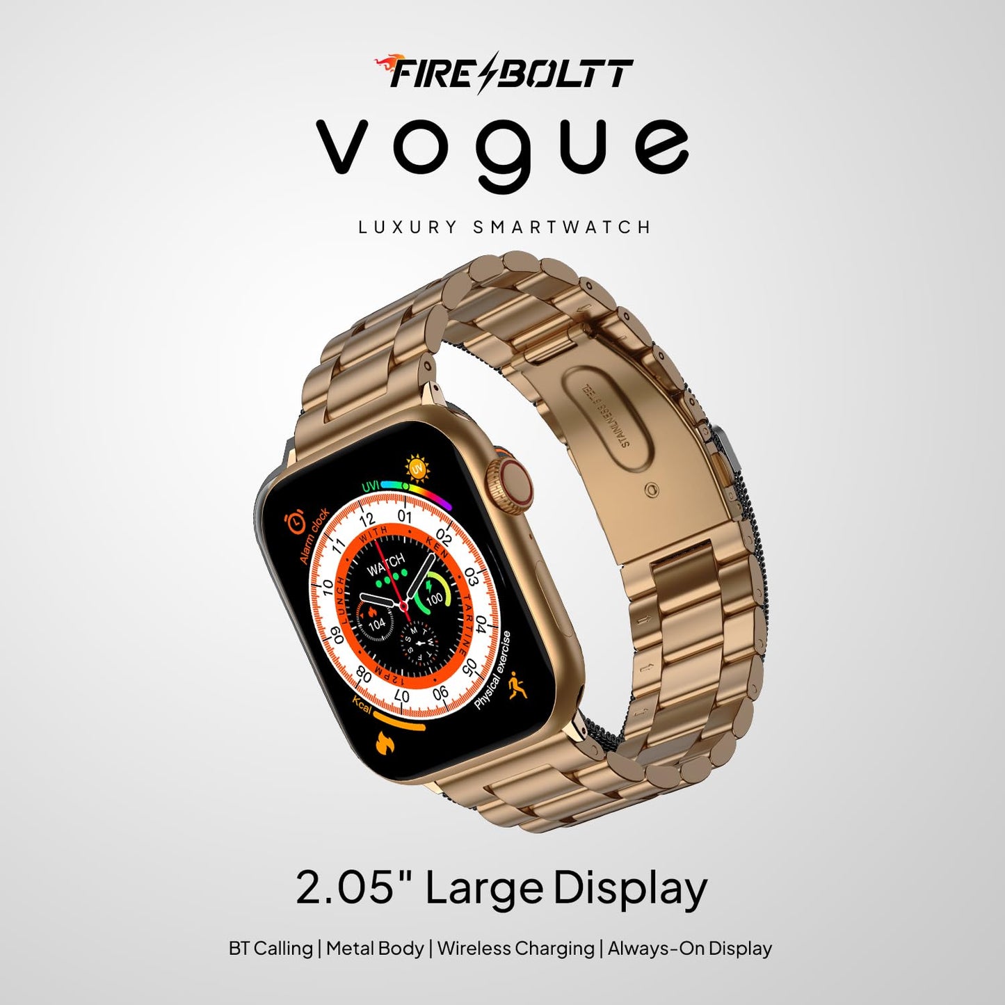 Fire-Boltt Newly Launched Vogue Large 2.05" Display Smart Watch, Always On Display, Wireless Charging, App Based GPS with Bluetooth Calling & 500+ Watch Faces (Chain Rose Gold)