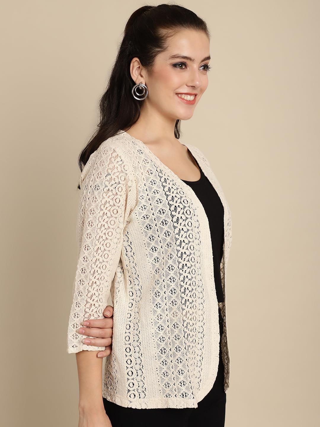 FineMe Women Trending Front Open | Cotton Self Designed 3/4th Sleeves Blazer Shrug 5XL Beige