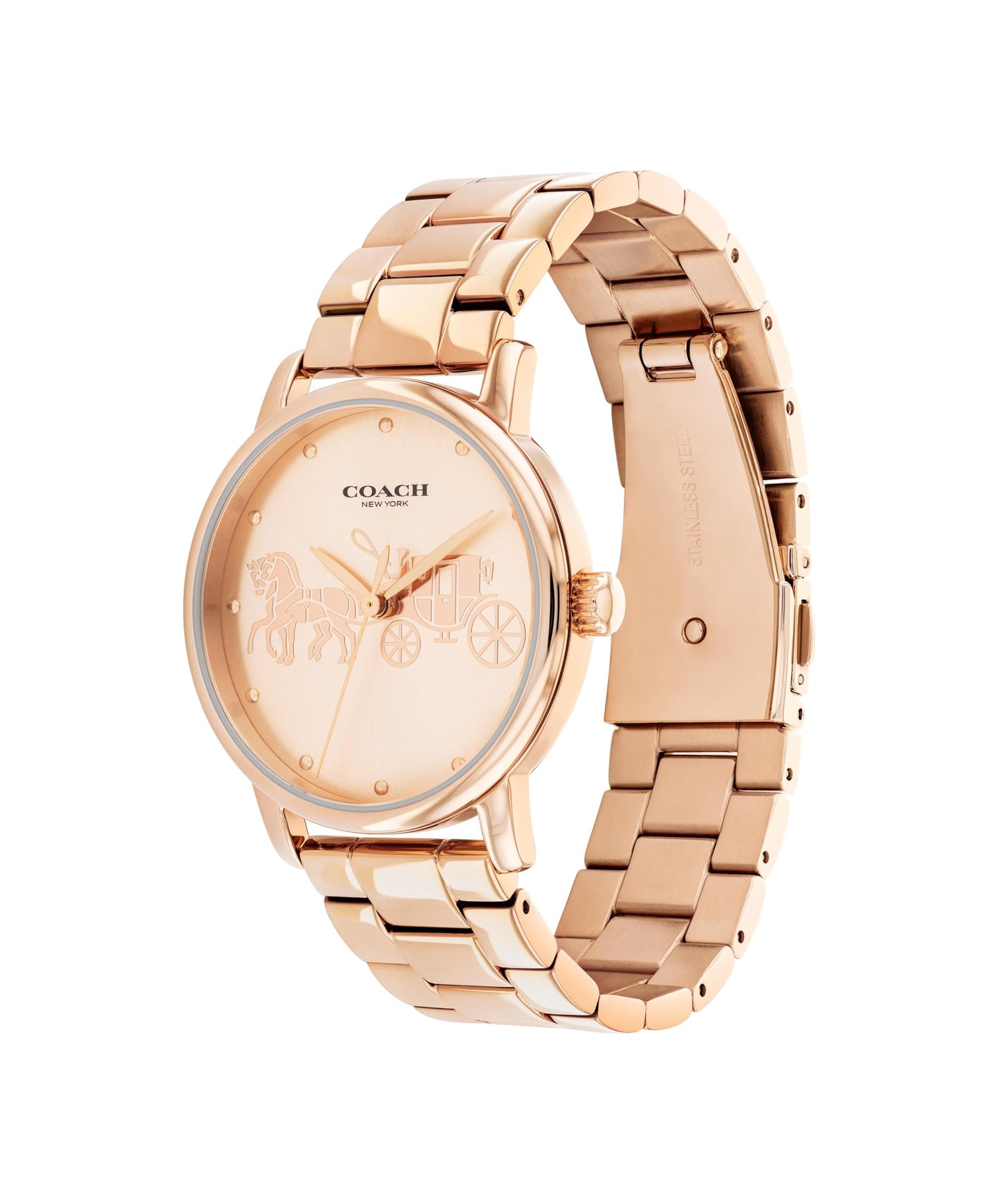 Coach Grand Qtz Basic Carnation Gold Round Dial Women's Watch|Ionic Plated Carnation Gold Steel Material|Gold Color Band - 14503740